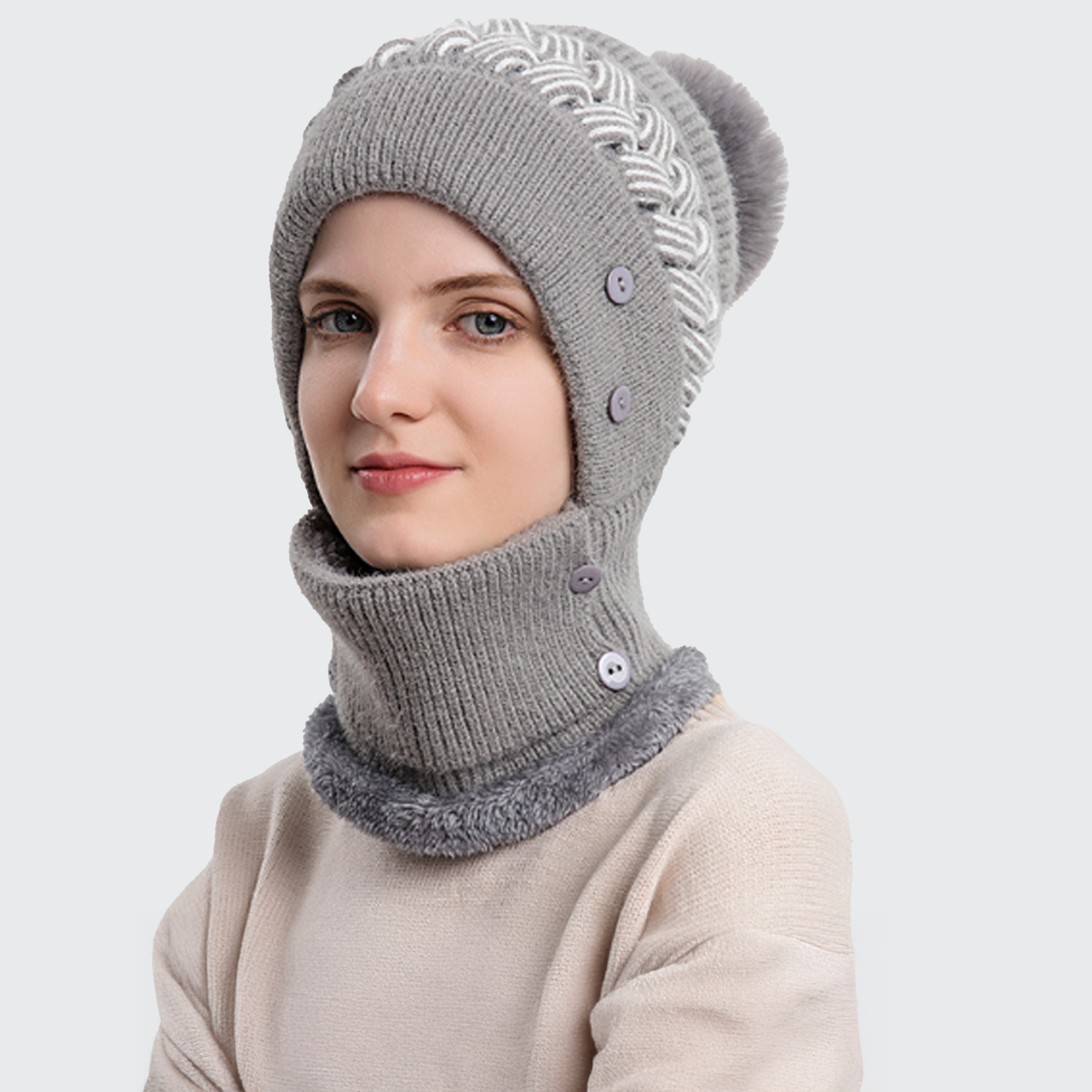 Women's Braided Thermal Beanie & Scarf Set - Pom-Pom, Face Mask & Winter Warm