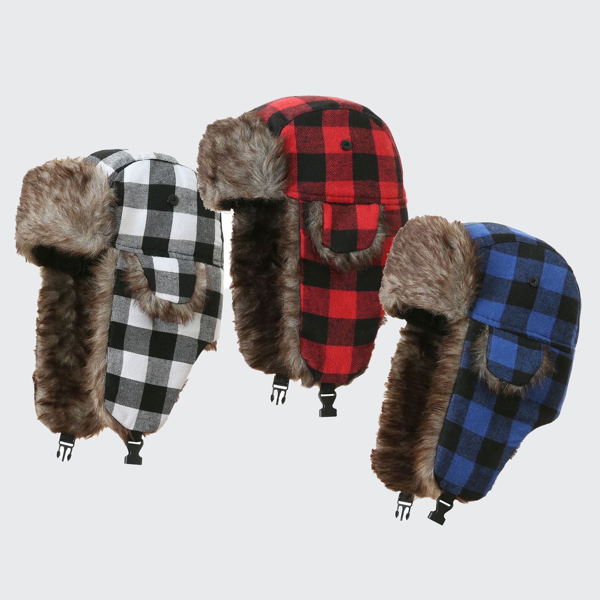 Chess Trapper Hat - Plaid Buffalo Check, Faux Fur Lined & Ear Flaps for Cold Weather