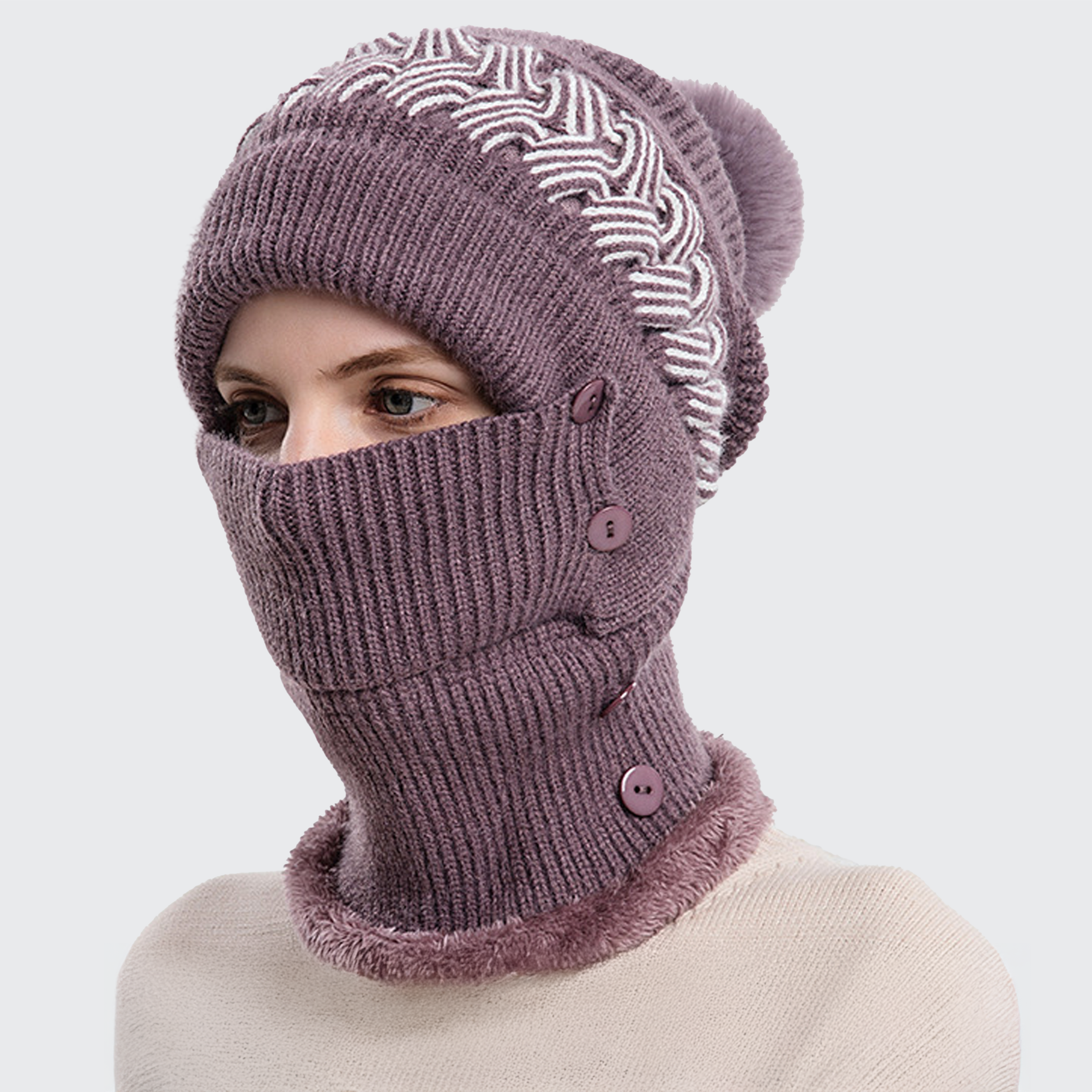 Women's Braided Thermal Beanie & Scarf Set - Pom-Pom, Face Mask & Winter Warm