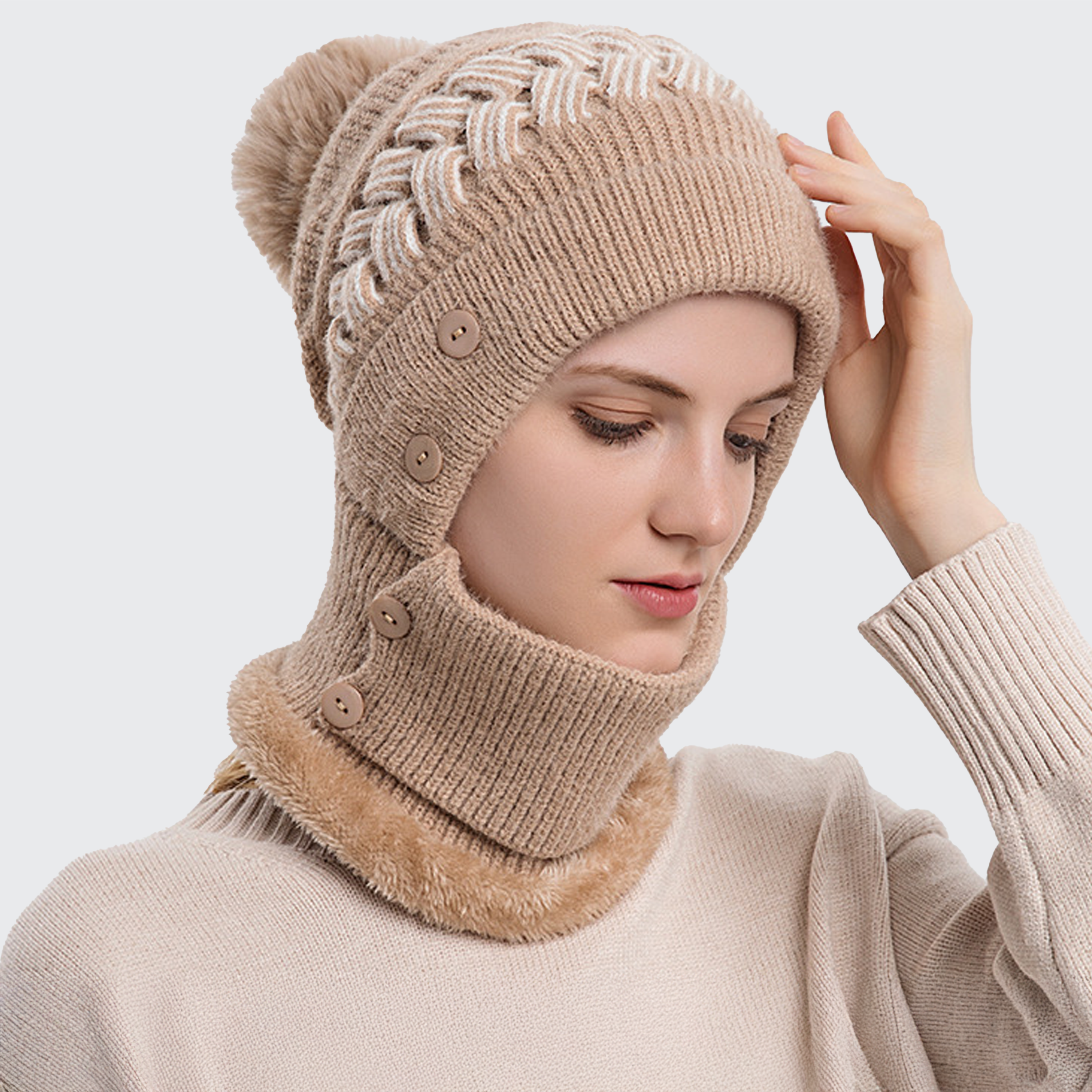 Women's Braided Thermal Beanie & Scarf Set - Pom-Pom, Face Mask & Winter Warm