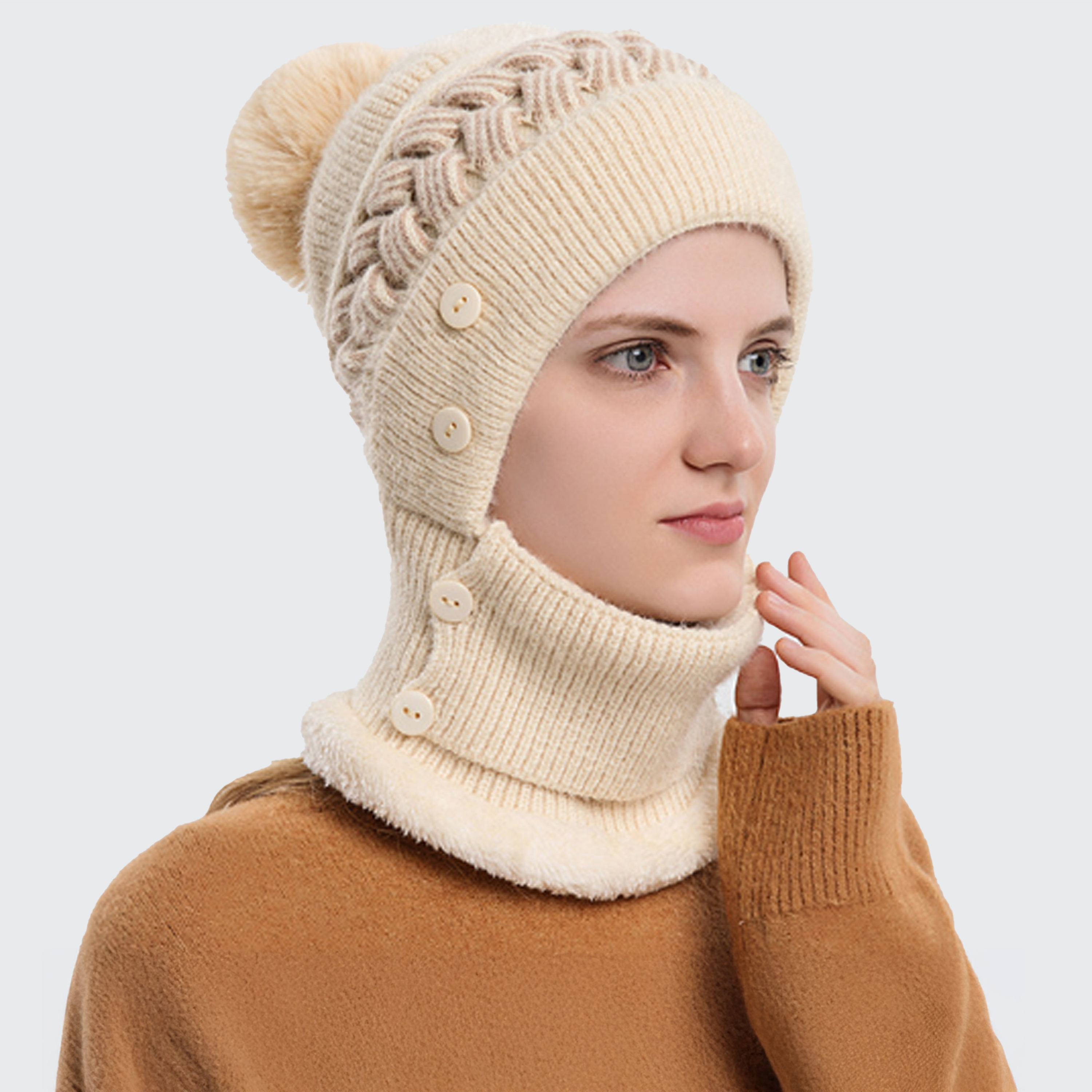 Women's Braided Thermal Beanie & Scarf Set - Pom-Pom, Face Mask & Winter Warm