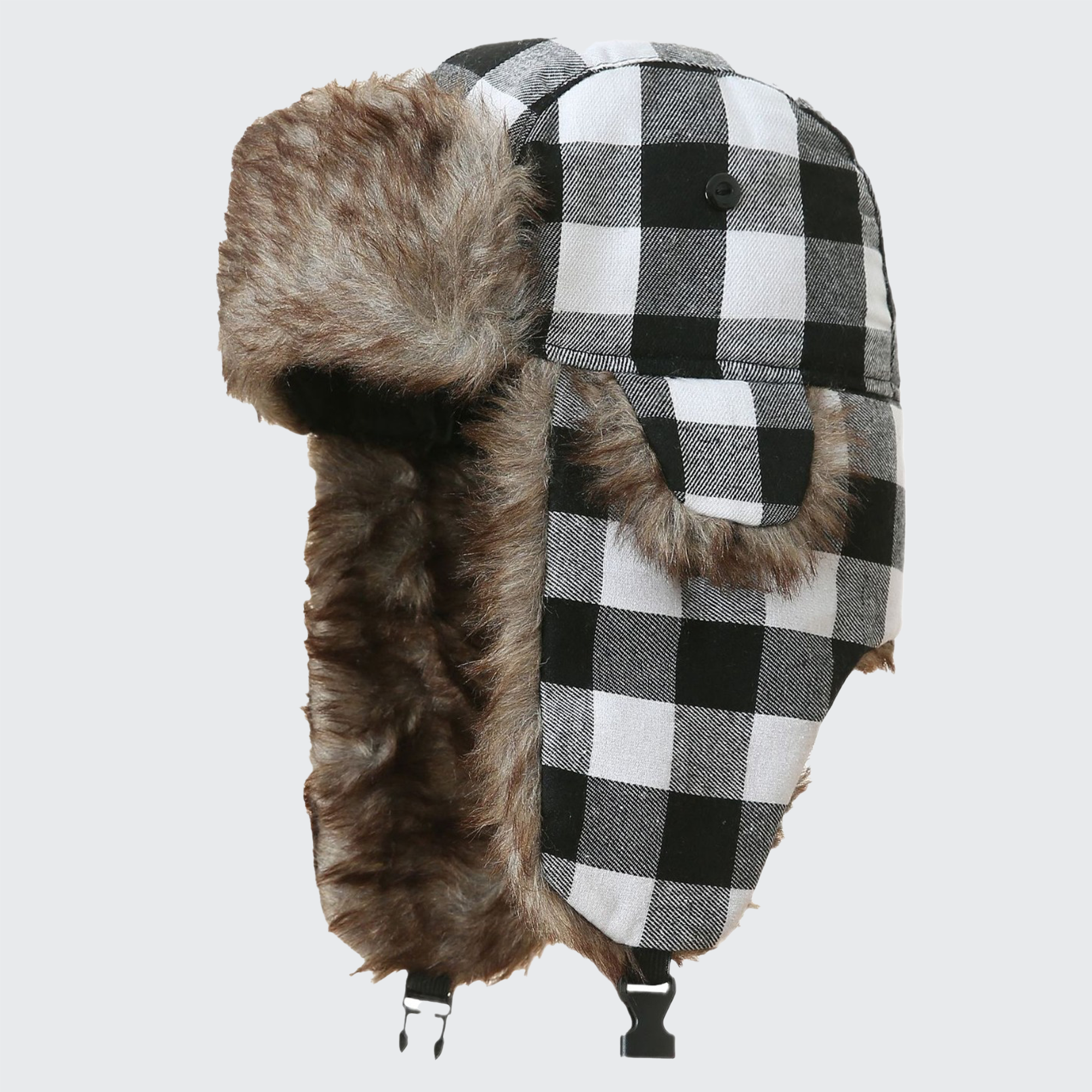 Chess Trapper Hat - Plaid Buffalo Check, Faux Fur Lined & Ear Flaps for Cold Weather