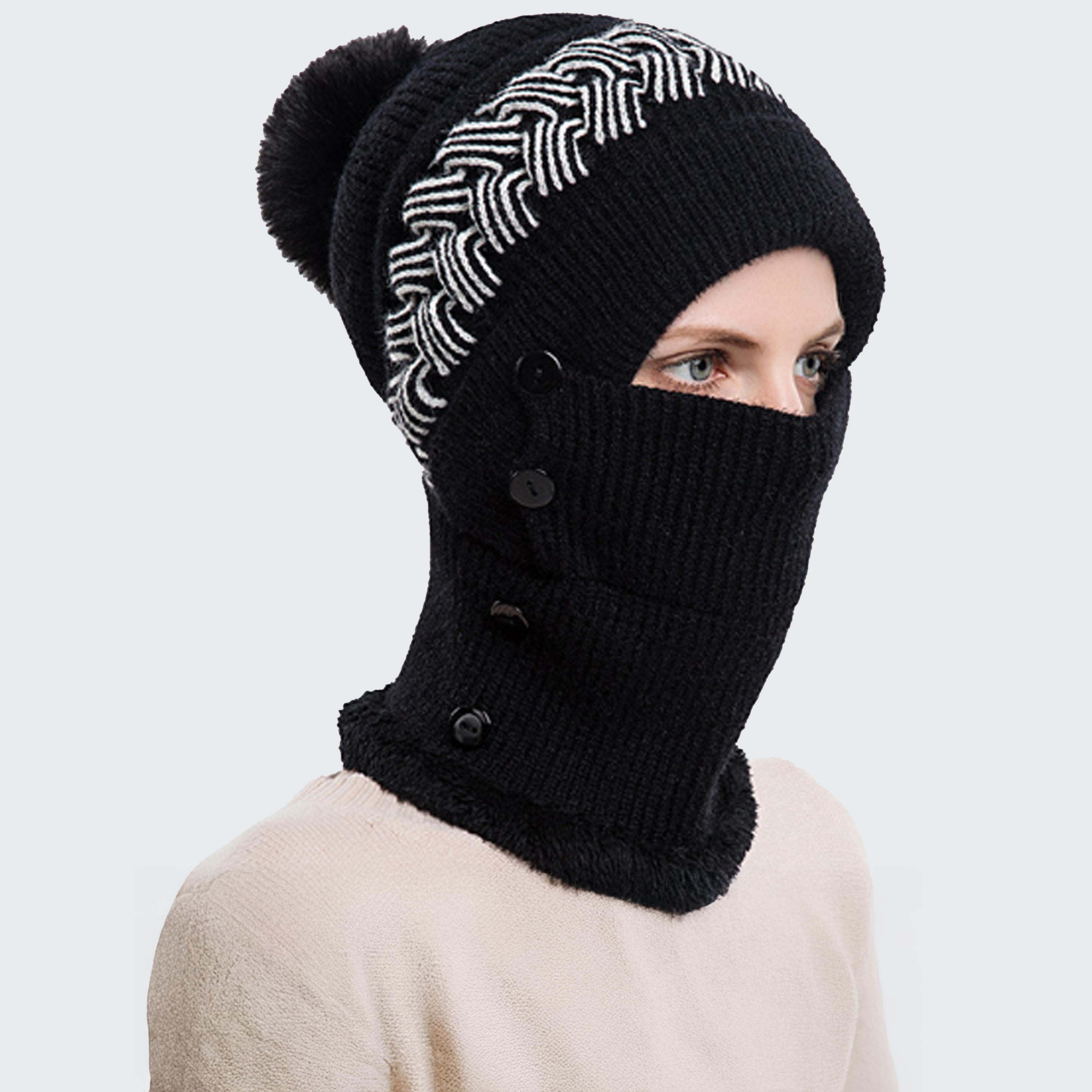 Women's Braided Thermal Beanie & Scarf Set - Pom-Pom, Face Mask & Winter Warm