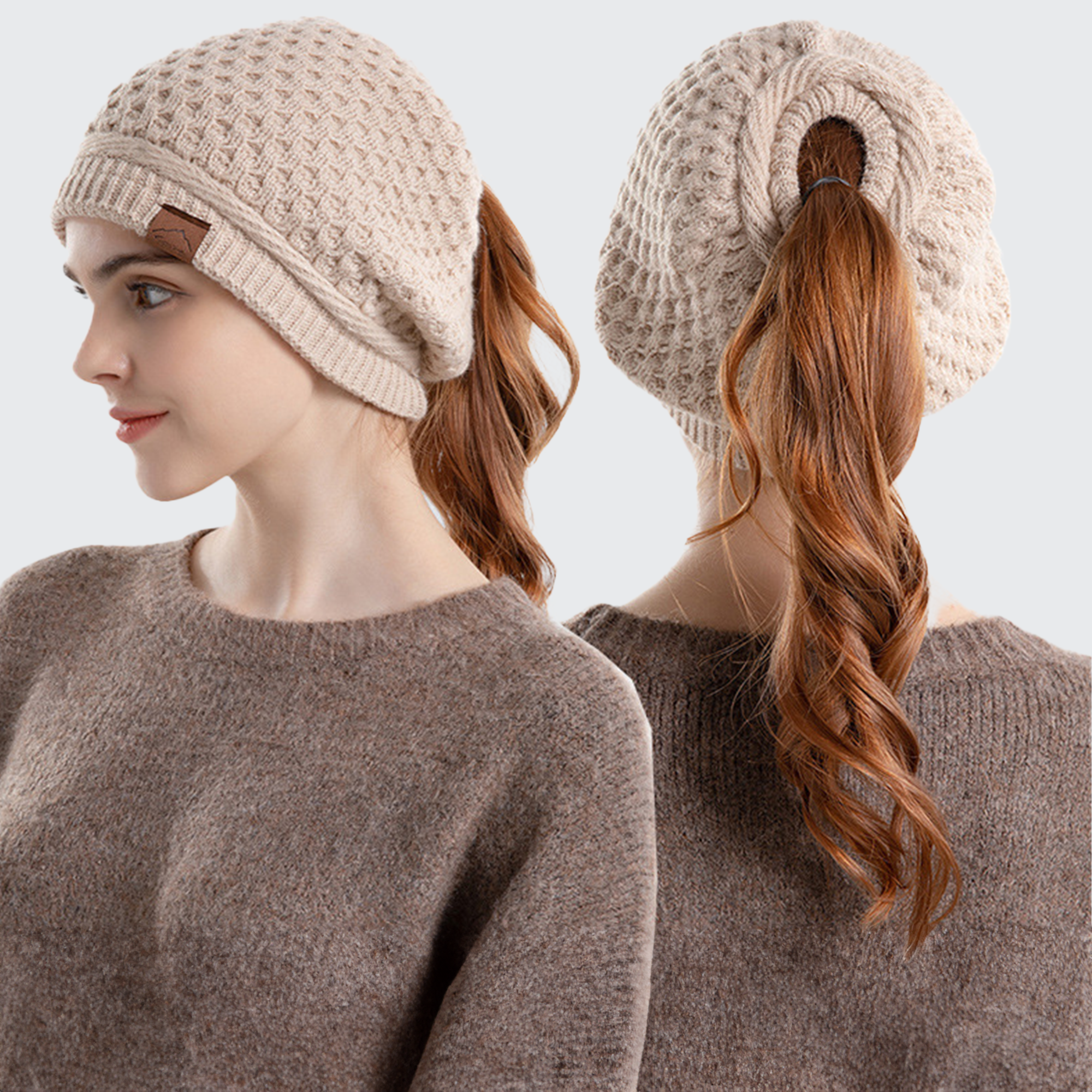 Women's Hairstyle Beanie Hat - Ponytail Opening, Ear Protection & Stylish Winter Warmth